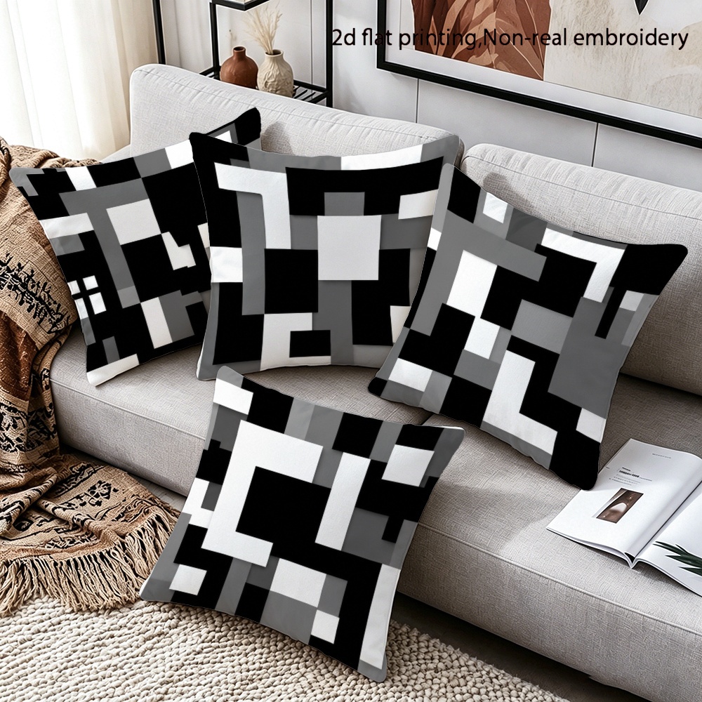 TEMU Lot de 4 taies d'oreiller de décoration quotidienne , housses de coussin carrées à fermeture éclair avec motif géométrique à carreaux, style