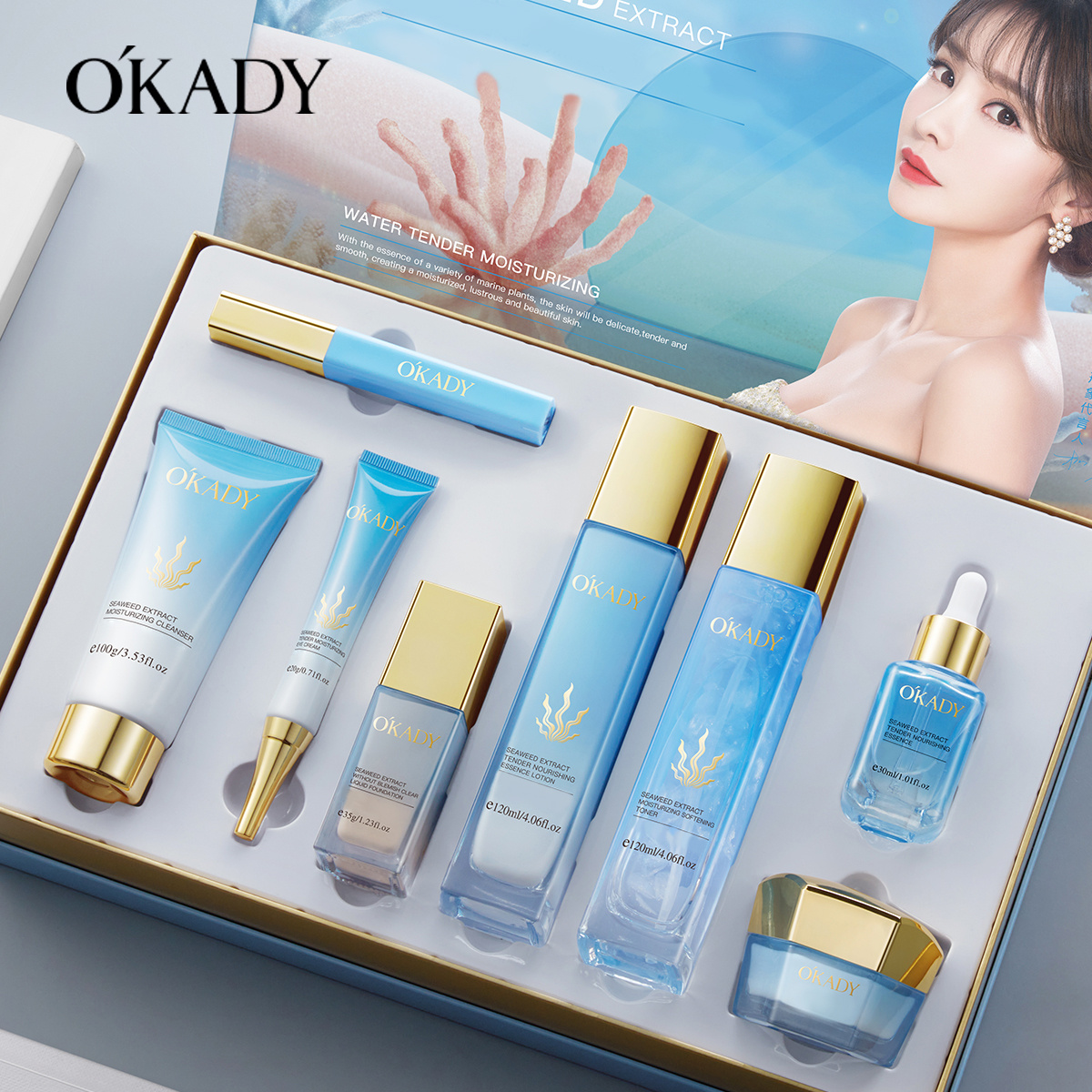 TEMU Sea 8pcs Set, A Facial Featuring Chlorella And Sea Fennel Ingredients - Elasticity And Radiance, Includes Cleanser, Toner, Serum, Eye Cream,