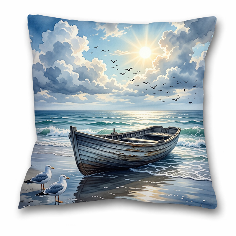 TEMU Housses de coussin décoratives, motif aquarelle [ de ] avec bateau, mouettes et soleil. . Polyvalentes pour salon, canapé, sofa, chambre,