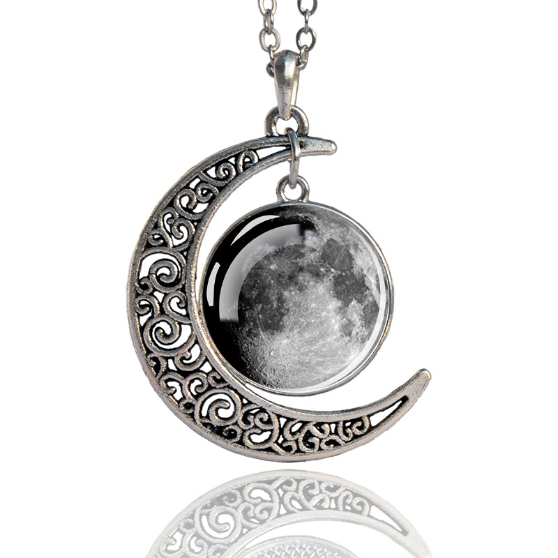 TEMU 1pc Space Universe Planet Moon Theme Crescent Pendant Necklace Romantic Space Series Glass Paste Fashion Crescent Pendant Necklace