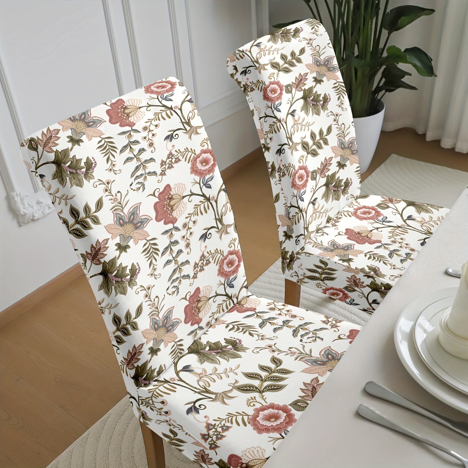 TEMU 2/4/6 piezas Base Blanca con de Silla con Estampado Floral Retro. Duradera y Lavable a Máquina Sin Deformación. Elasticidad y Fácil Instalación.