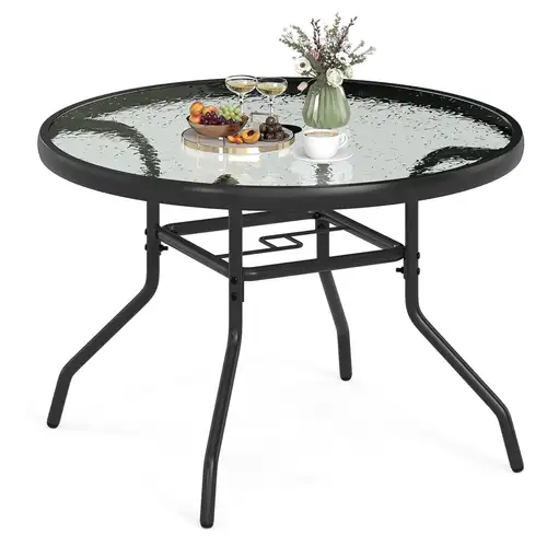 glass patio table with umbrella hole uk DKIEI 150x90cm Rectangle Outdoor Dining Table, Top Garden Hole, Table with Steel Frame for Yard Bistro Lawn Balcony, Black Garden and the protective plastic floor glides make it easy to move the table outdoor tables with umbrella hole