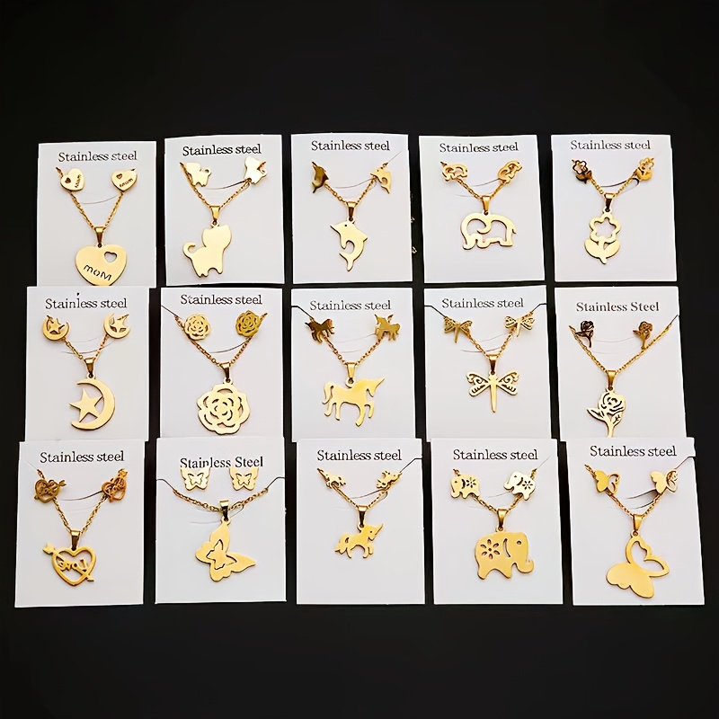 TEMU 10pcs Women' Steel Jewelry Set, 18k Gold Plated Plated, Simple And Elegant Style, With, Heart And Flower Pendants, Wear-resistant And , Suitable