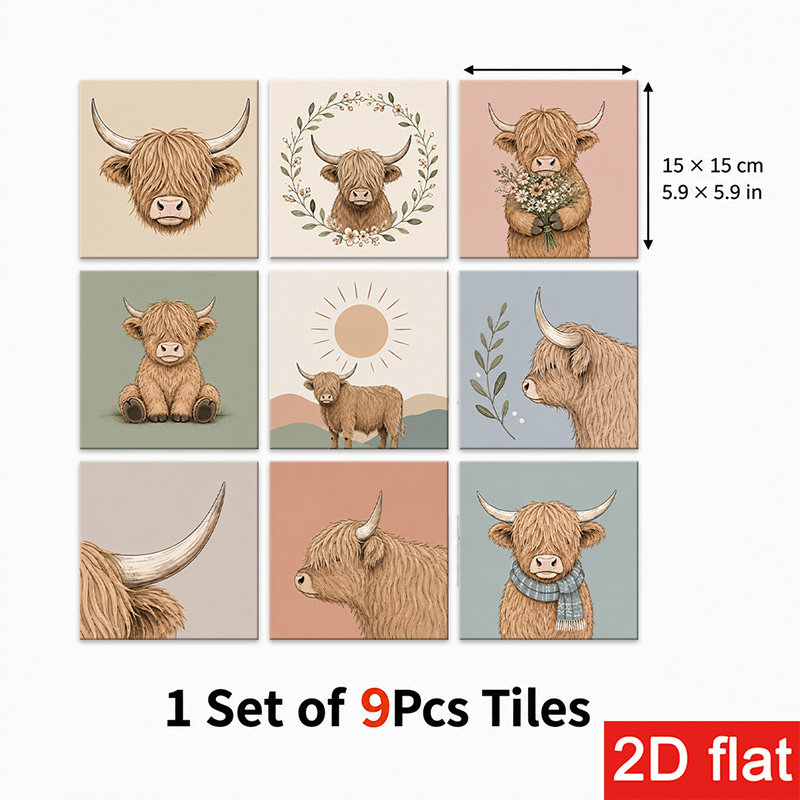 TEMU 2d Flat 9pcs 15x15cm (5.9x5.9in) Slate Tile Stickers Exquisite - Peel And Stick Wall Tiles With Rustic Animals And Nature , Perfect For Kitchen