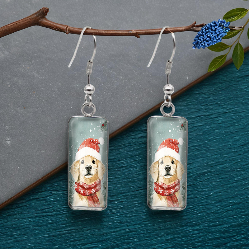 TEMU A Pair Of Stylish Square Earrings Featuring Golden Retrievers, Handmade Glass Additions For A Warm Winter, Without Battery