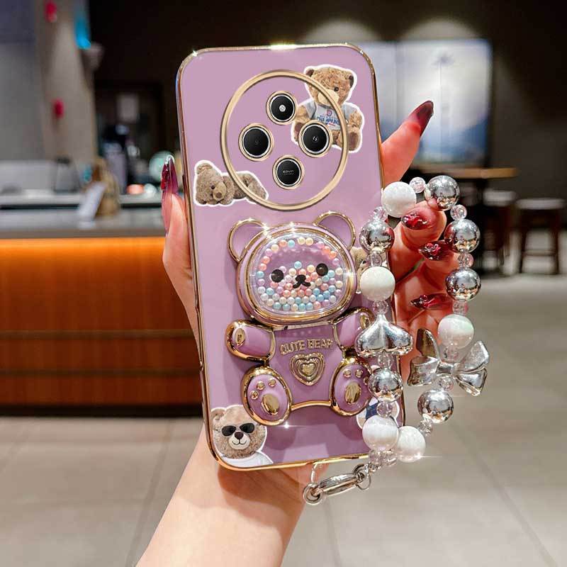 TEMU para teléfono: con correa de perlas, llavero de moda, muñeco de vidrio, oso plateado, soporte para teléfono con protector antigolpes compatible