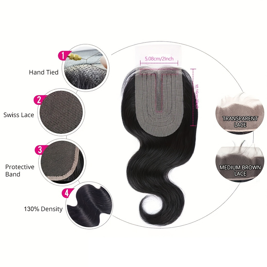 TEMU Cierre Frontal de Cabello T2x4 Cuerpo, Pre Peinado con Baby Hair, , Parte Libre T, Encaje Transparente, Solo Cierre, Puede Teñirse y Decolorarse