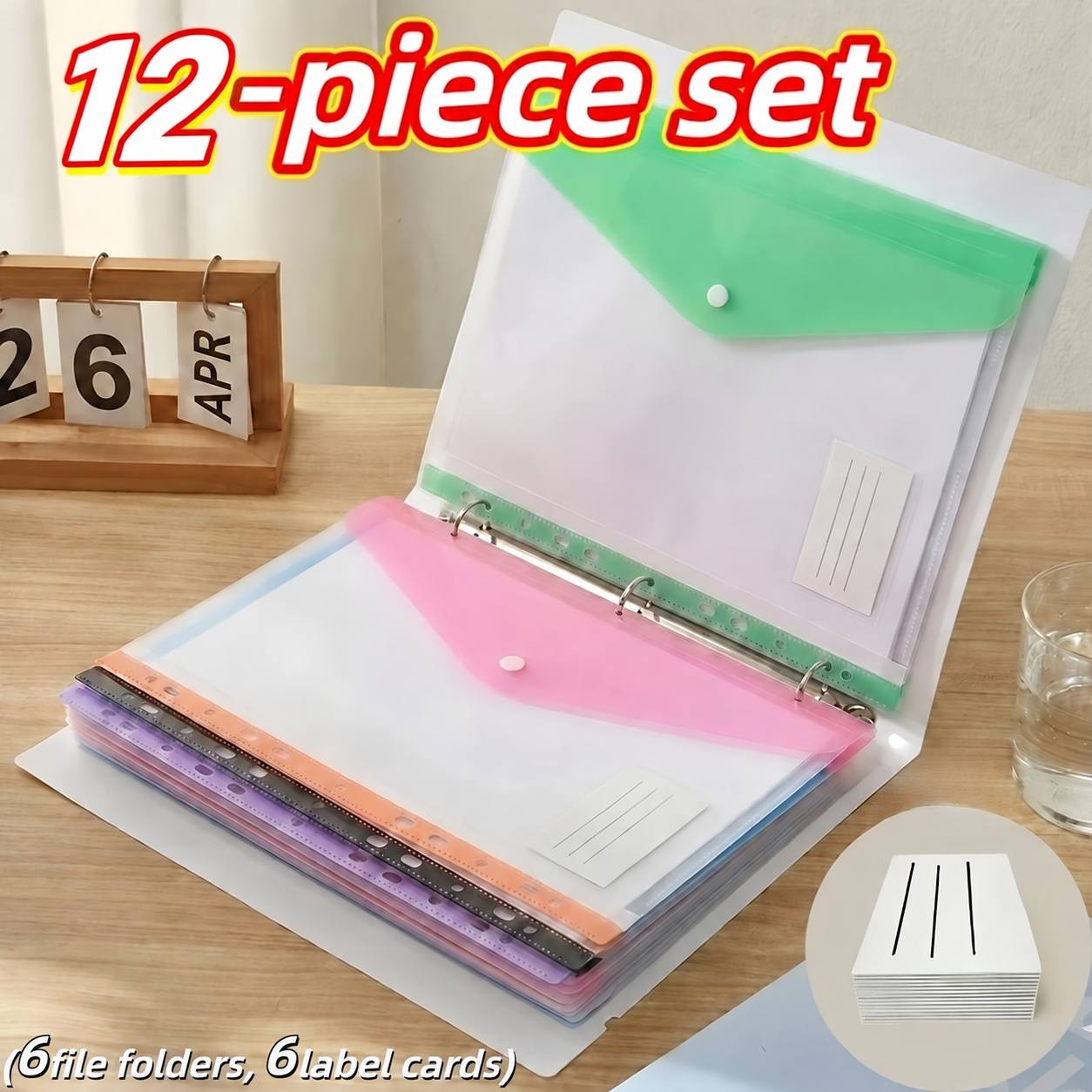 TEMU Set di 12 cartelline A4 (6 cartelline con bottoni e 6 etichette), colori casuali, per documenti, scuola, ufficio e organizzazione domestica