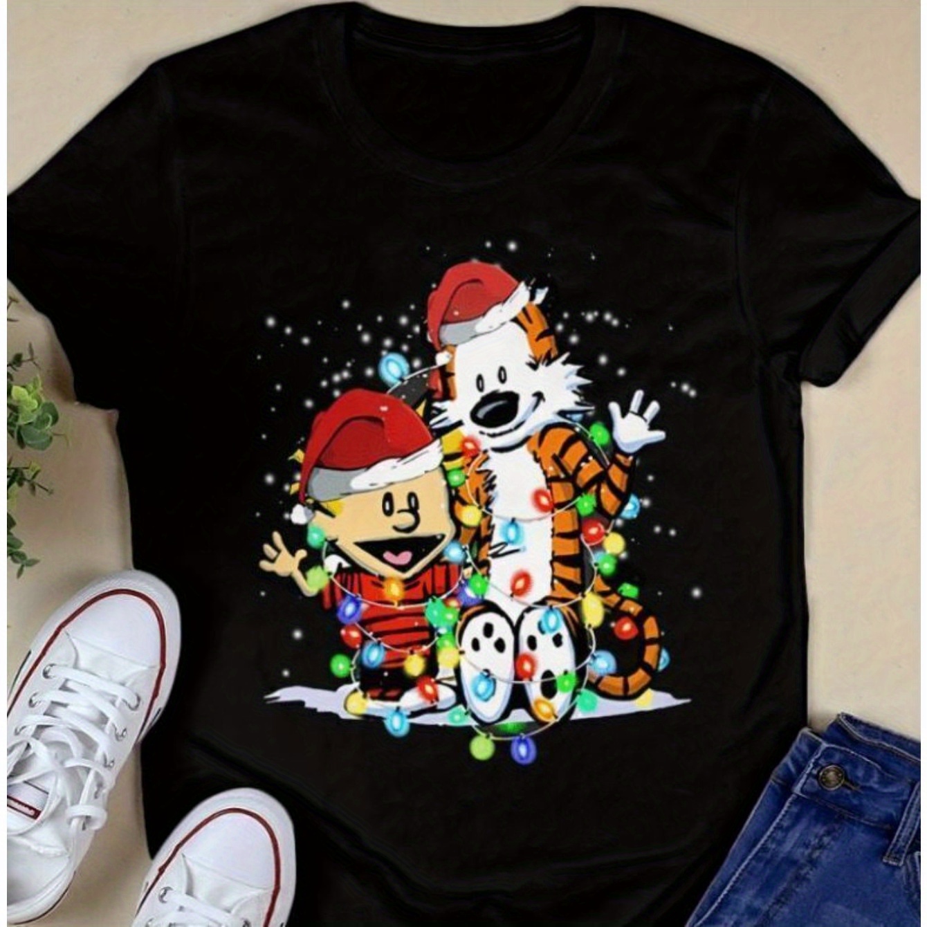 

And Christmas Print T-shirt, 100% Cotton Crew Neck Casual Tee, Knit Fabric Top For Adults - Sizes S-3xl