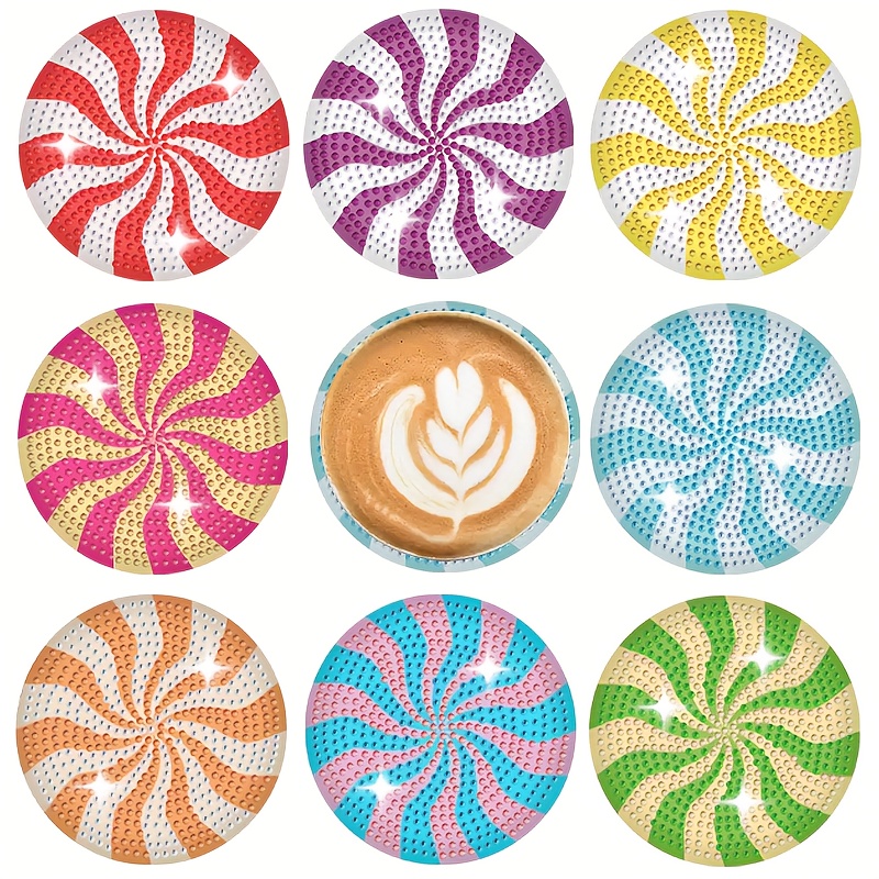 TEMU 8pcs Lollipop-themed Diamond Painting Coaster With Stand - Diy Drink Coaster Suitable For Parties, Round Table Protectors, Lollipop-shaped