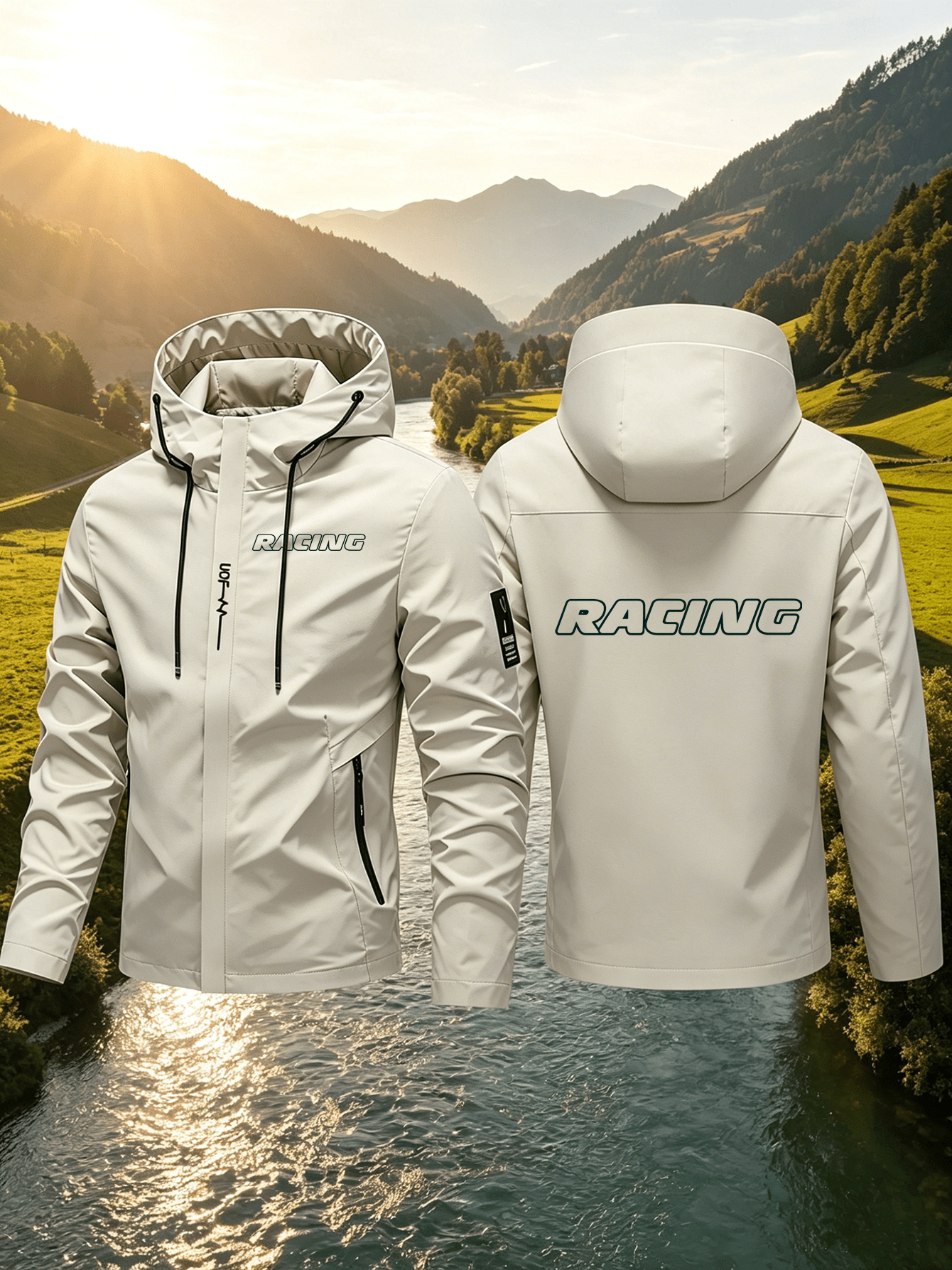 fashion new   print softshell jacket zipper pockets athletic lightweight windproof outerwear drawstring hooded style polyester fabric versatile  