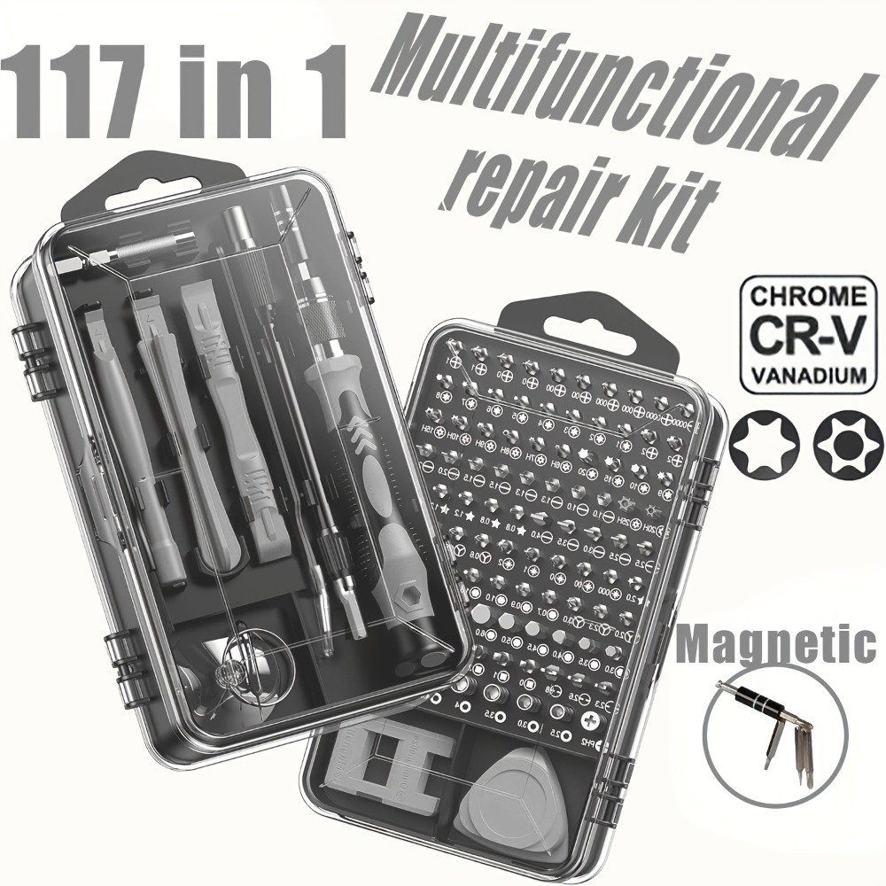 TEMU Juego de destornilladores multifuncional 117 en 1 para desmontaje , de teléfonos, computadoras y relojes . Equipado con puntas magnéticas