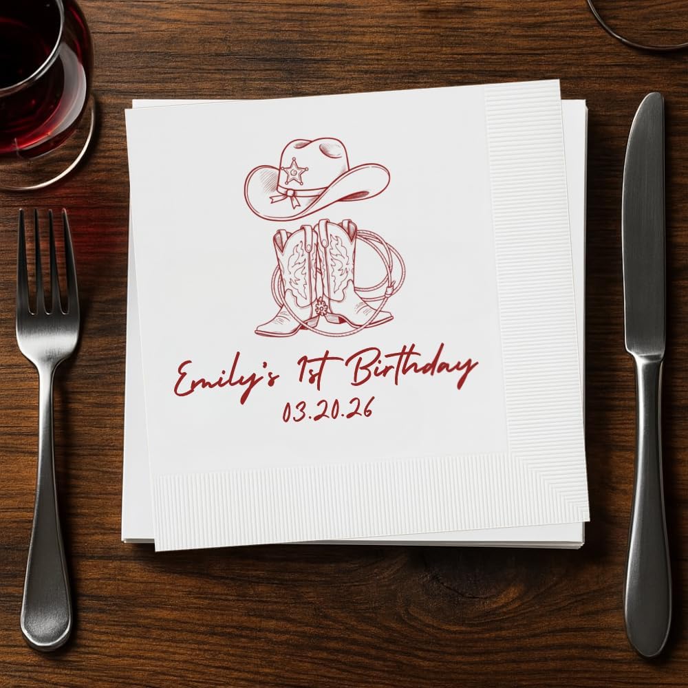 TEMU Personalized Western Cowboy-themed Birthday And Shower Napkins – Customizable Name/number Wild West Party Decor, Preppy Horseshoe/ Horse Theme,