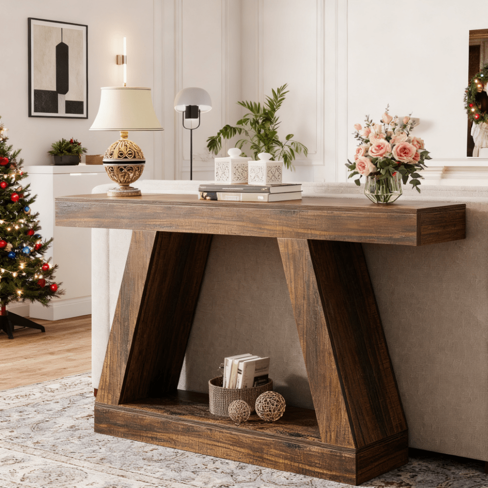 TEMU Table Console Rustique Industrielle de 55 Pouces avec Rangement pour Entrée, Couloir, Salon, Marron Foncé, Décoration de Noël et Fêtes, Pièce