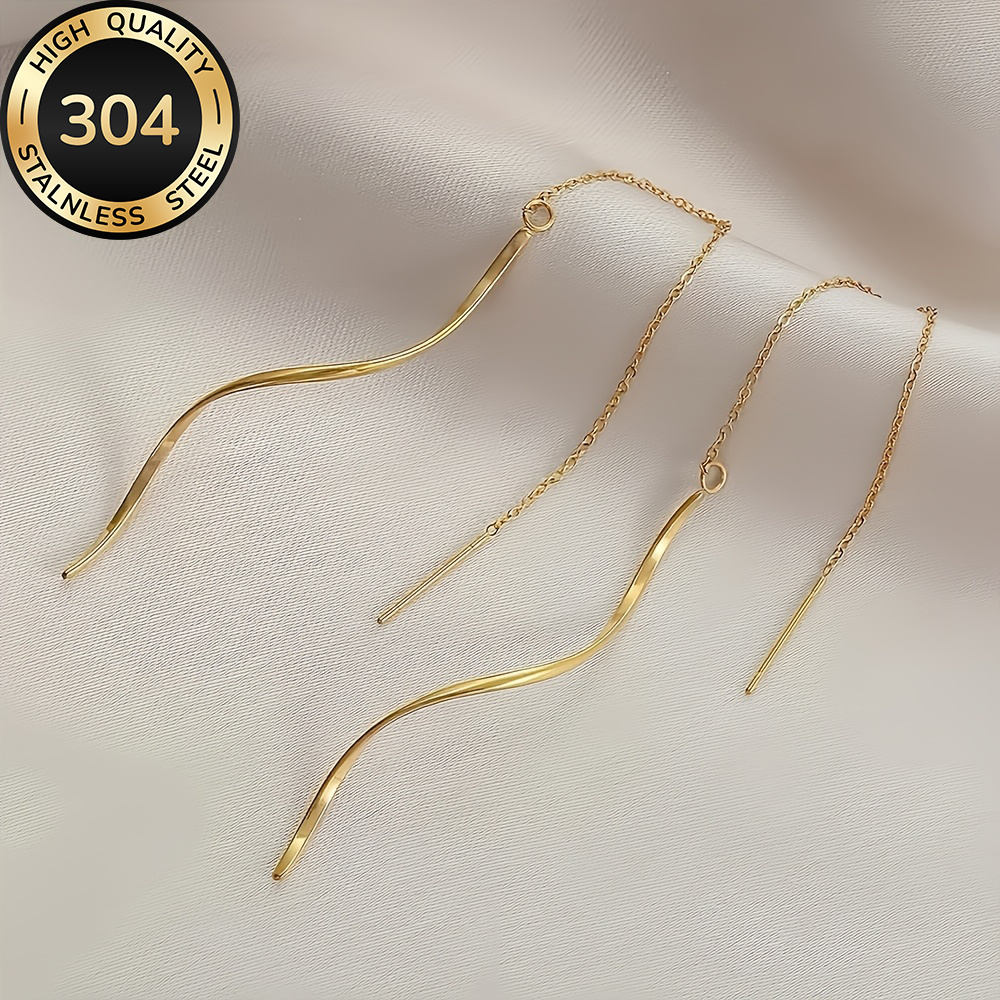 TEMU High-quality Stainless Steel Golden Tassel Earrings, Hypoallergenic, Fade-resistant, Comfortable And Versatile, Easy And Elegant, Suitable For