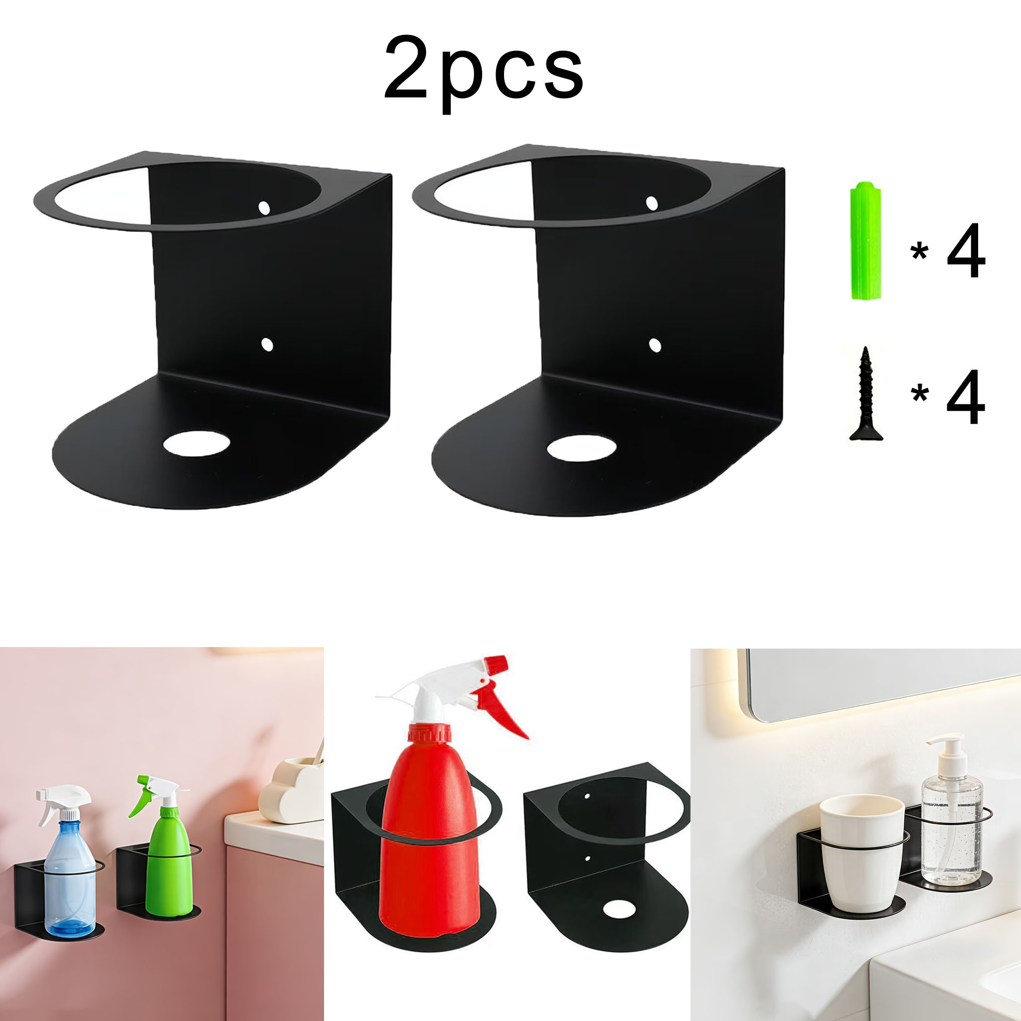 TEMU 2pcs Bathroom Kitchen Spray Bottle Holder, Black Matte Iron Material, L-shaped Metal Wall Mount Bracket, L-shaped Iron Wall-mounted Round Base,