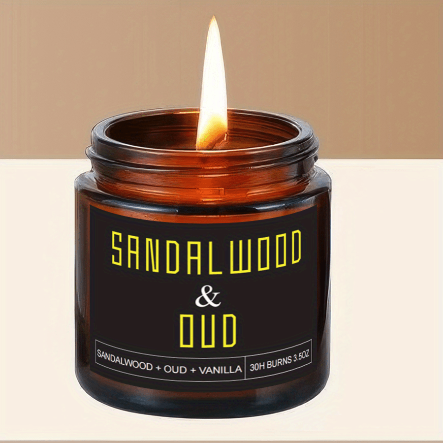 Sandalwood Scented Candle, With A Solid Wooden Base. A Great Gift For Men Or Women. An Home Gift