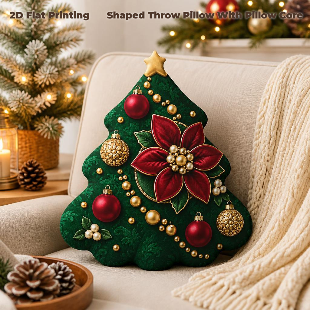 TEMU Christmas Tree Poinsettia Ornaments , 2d Flat Printing Shaped Stuffed Throw Pillow Decorative Cushion Pillow For Gift Bedroom Sofa Room Party