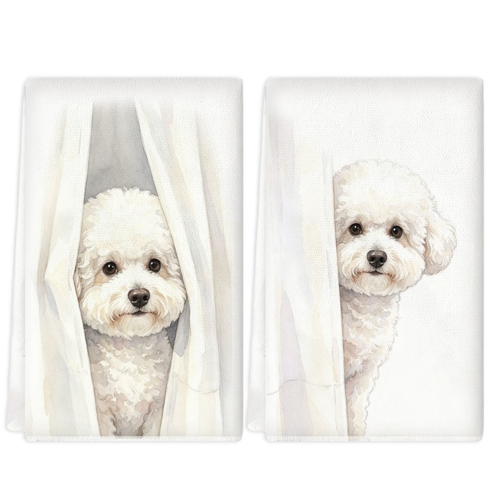 TEMU 2pcs Cute Watercolor Peeking White Fluffy Curly Dog Pattern | Ultra Soft Polyester Machine Washable Hand Towels, Ideal For Bathroom, Kitchen