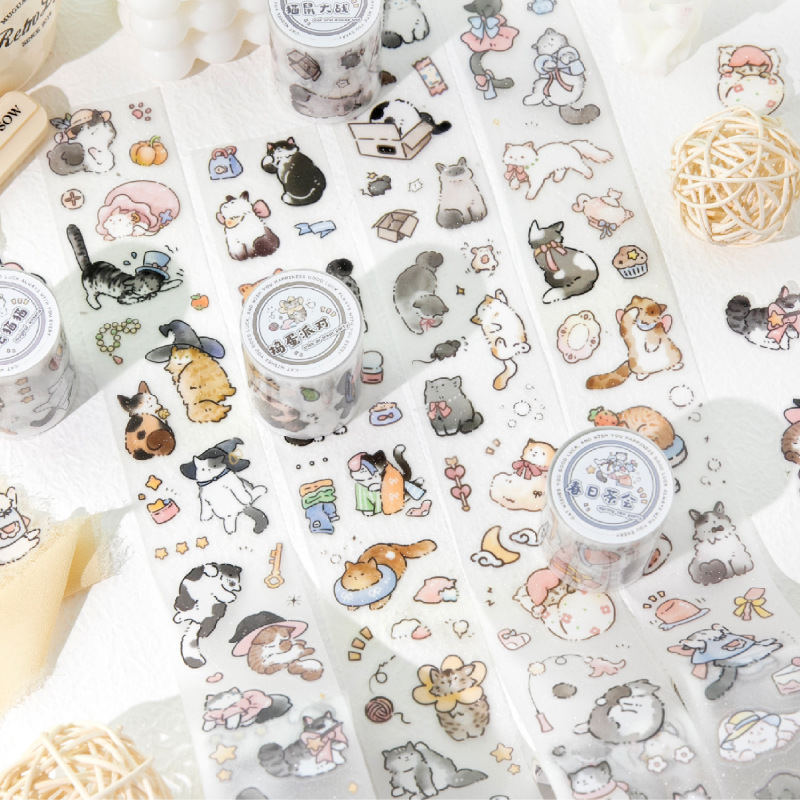 Image of 4 Rolls (8m Each) High Quality Pet Cat-themed Washi Tape - Cute Kitten Stickers Suitable For Scrapbooking, Journals, Planners, Diy Crafts - Multicolor Plastic Adhesive Sheets