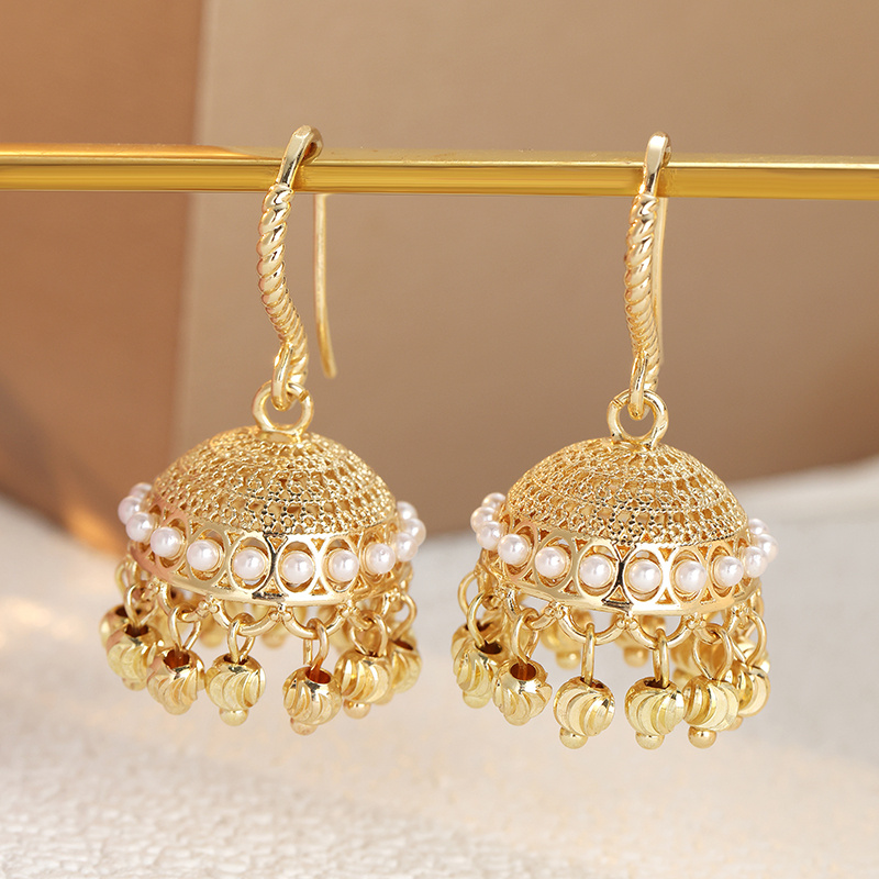 TEMU Style Hollowed Out Bell Earrings With White Bead Trim, Three-dimensional Design With Retro Atmosphere, Versatile Women's Earrings For Vacation