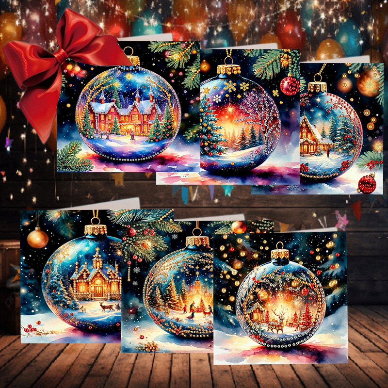 TEMU 6pcs Diy Unique New Diamond Painting Greeting Card Set, Featuring A Snow Scene Motif In A Christmas Ball, Greeting Cards For Birthdays And