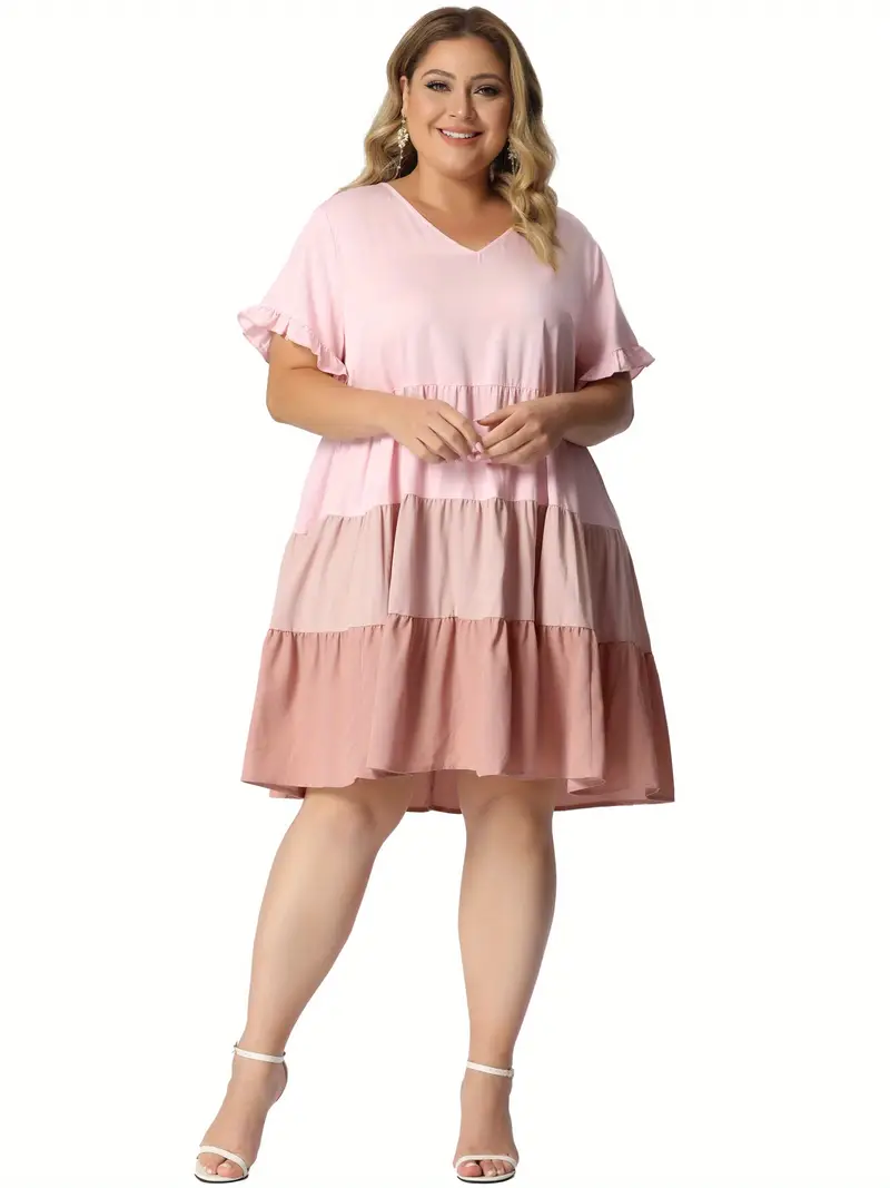 Plus Size, Women's Plus Size Babydoll Ruffle Short Sleeve Casual Loose Flowy Swing Hem Chambray V Neck Mini Dress Plus Size, Women's Plus Size Babydoll Ruffle Short Sleeve Casual Loose Flowy Swing Hem Chambray V Neck Mini Dress