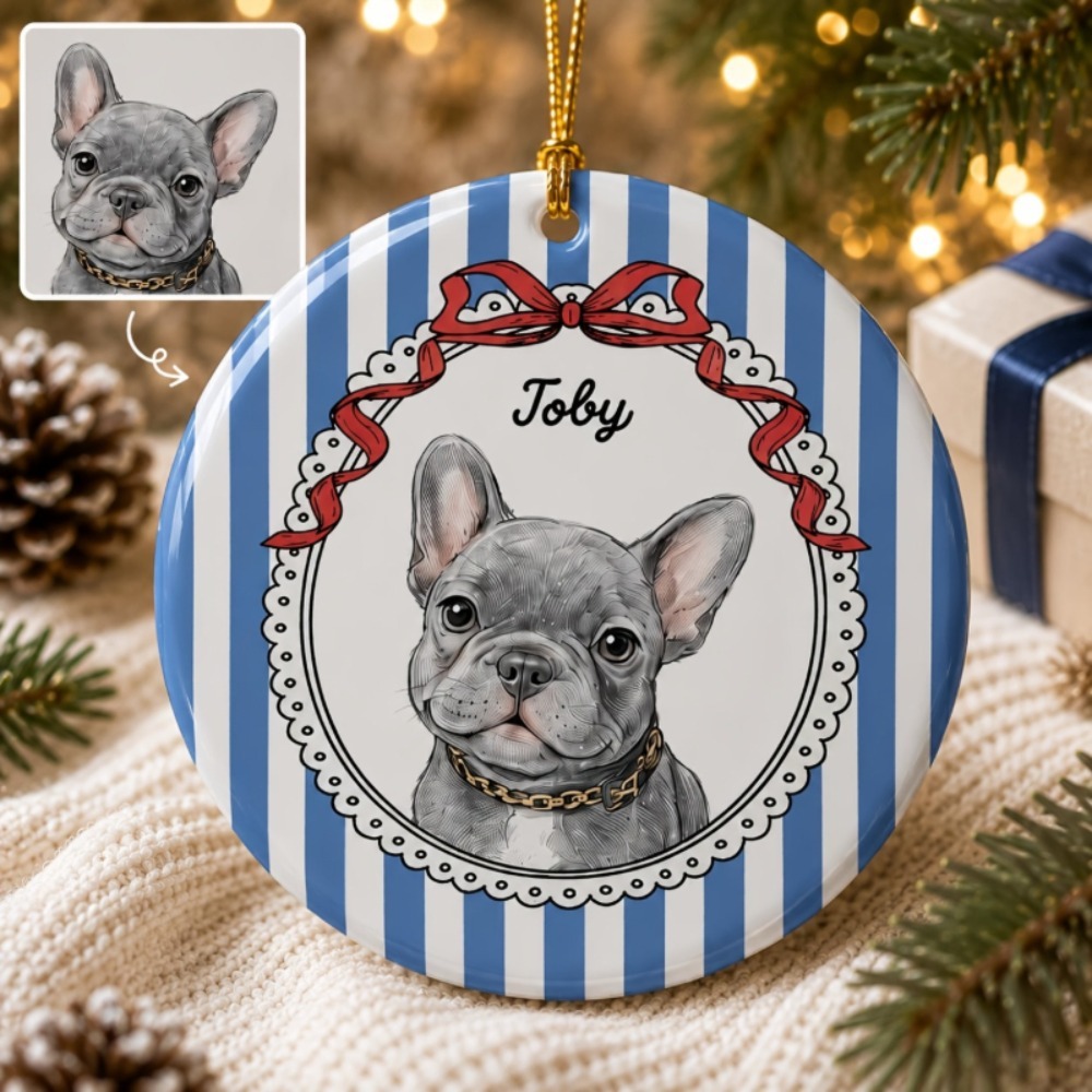 TEMU 1pc Personalized Pet Photo Name Ceramic Christmas Ornament, Multi-style Striped Bow Scalloped Picture Frame Portrait Pendant, Universal For Cats
