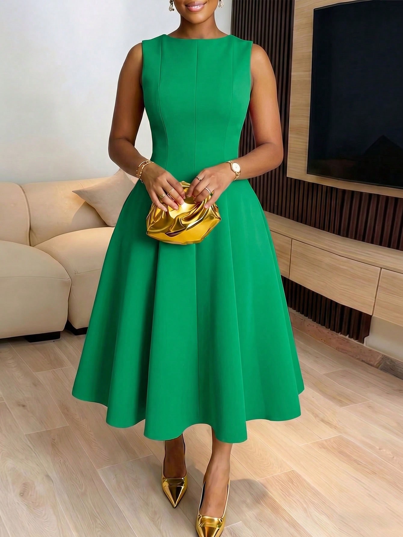 Women's Elegant Sleeveless Fit & Flare Midi Dress - Round Neck, Seamed  Waist * Daily Wear, Office, Wedding Guest & Formal Events