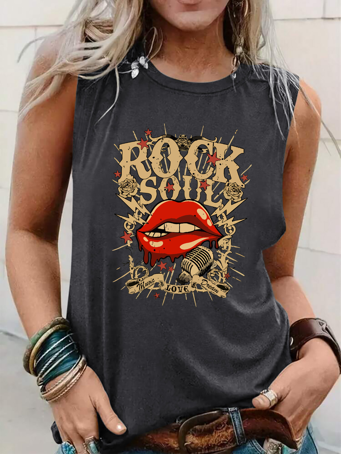 item picture womens rock roll graphic tank top sleeveless crew neck casual summer top with rock   black denim   for casual attire ladies tank tops
