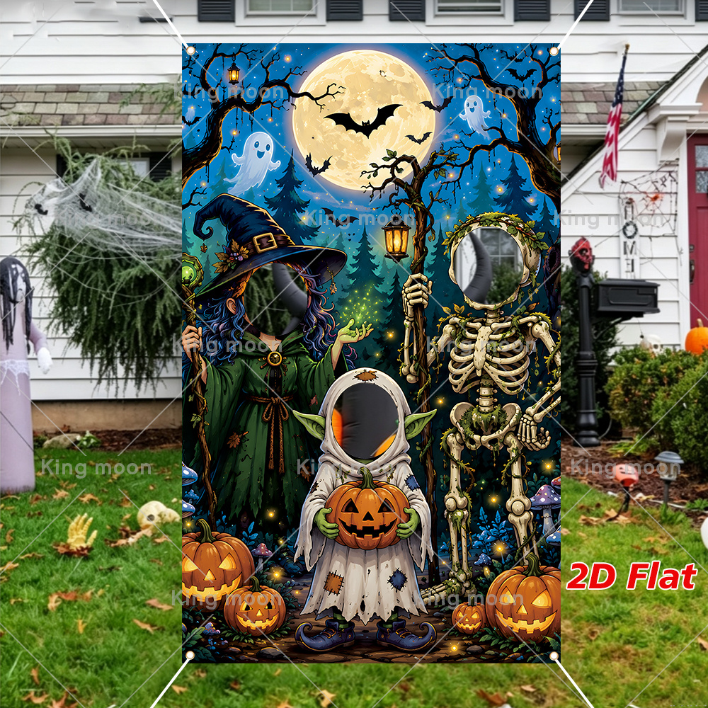 TEMU 2d Flat, 2d Flat - 2d Flat, 2d Flat - 2d Flat Banner, 1pc Halloween Photo Banner, Polyester Material, Forest Skeleton Little Pumpkin Bat