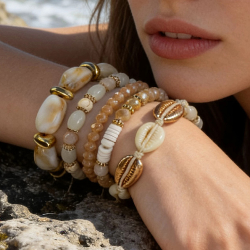 TEMU 5pcs Bohemian Resin Artificial Shell Bracelet Set, Stackable Geometric Irregular Bead Elastic Rope Bracelet Suitable For Women' Beach Parties,