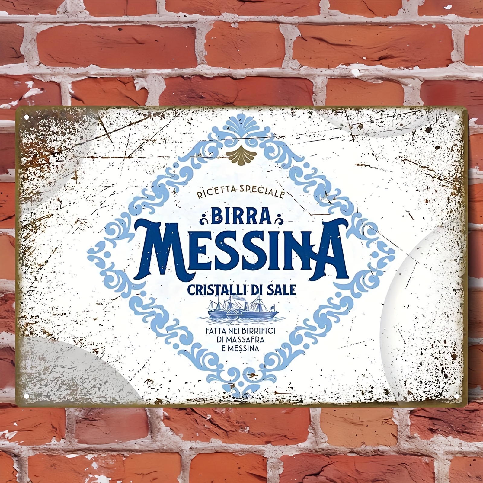 TEMU 2D Flat - 2D Plane - Vintage Birra Messina Metallschild - 20.32X30.48 Cm, Rustikale Blaue Blumen und Goldene Buchstaben Wanddeko, Robustes Eisen