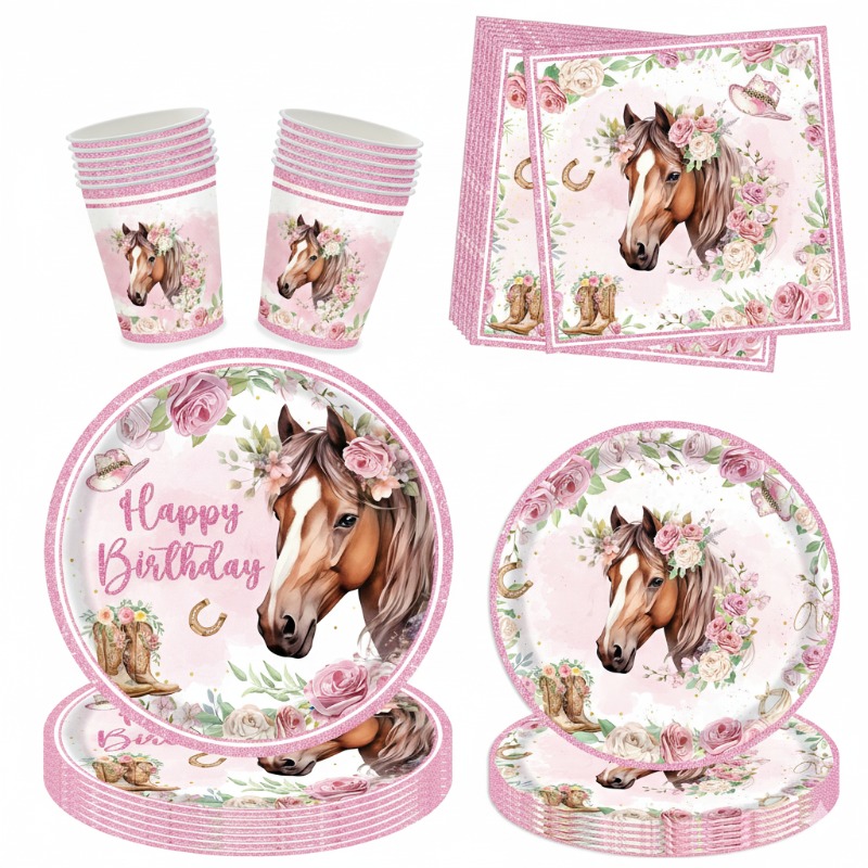 Image of 60pcs Horse Birthday Party Supplies With Pink Western Cowgirl Disposable Paper Plates Napkins Cups Cutlery Cowgirl Birthday Party Decorations For Rodeo Bachelorette Fairy I Halloween I Navidad