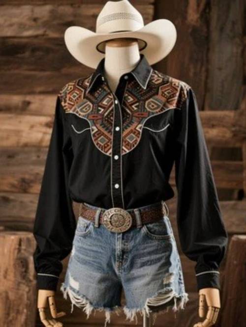 photo de l'article chemise de cowboy western pour femmes avec impression rétro 3d, chemise boutonnée à manches longues avec ouverture sur le devant, dun imprimé turquoise et marron, col structuré et détails de poignets. un haut , du décontracté au , idéal pour et lautomne.