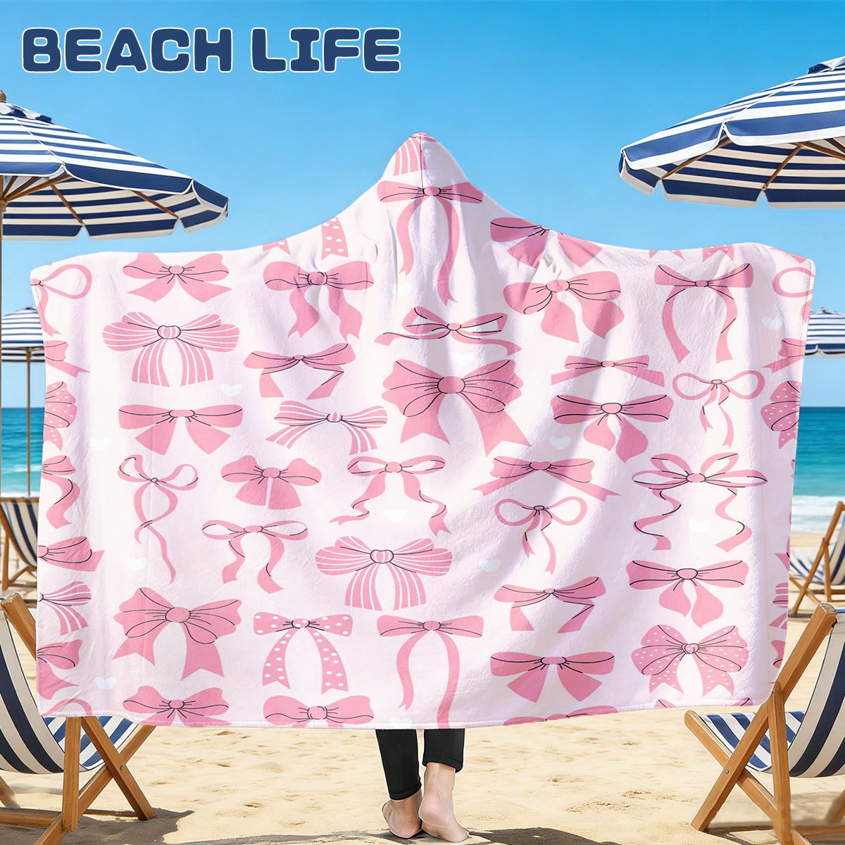 TEMU 1pccute Pink Bow Print Hooded Beach Towel, Quick Dry Absorbent Poncho Towel, Unisex Swim Cover Up, Lightweight Hooded Bath Robe For Adults