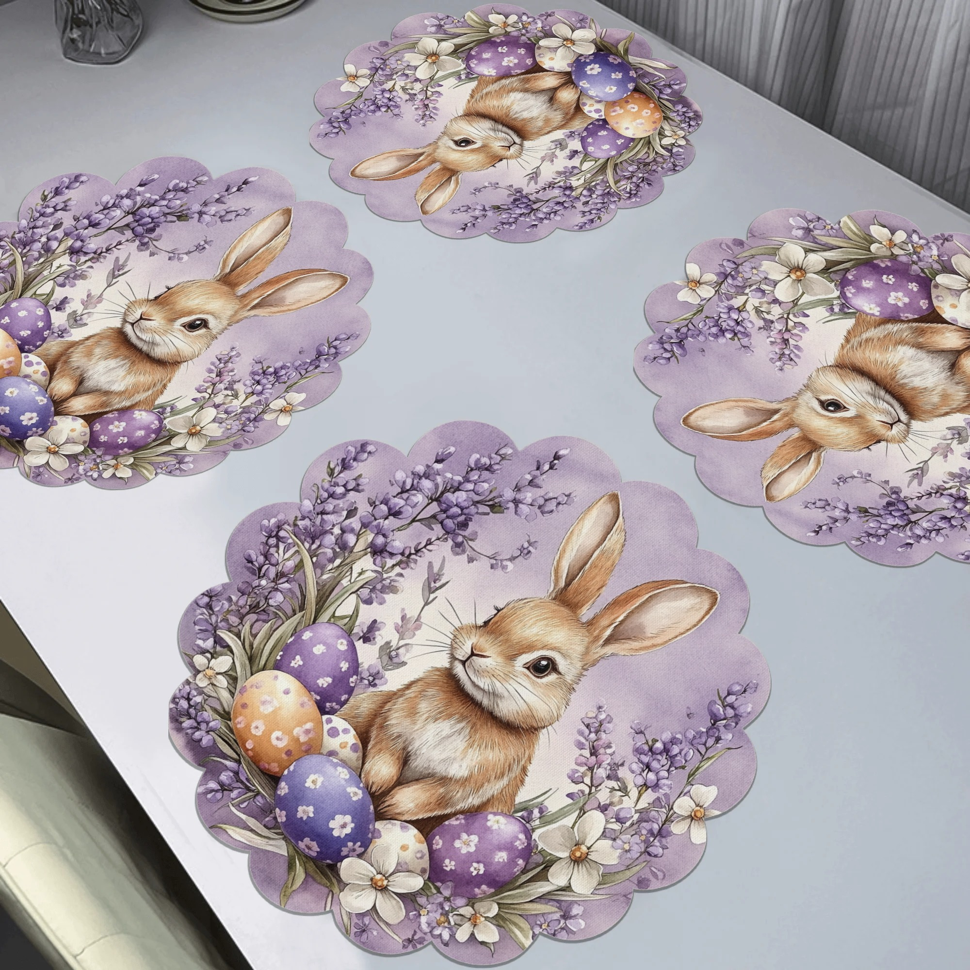 

Easter Bunny Theme, 4pcs, Support Machine Washing, Polyester Mat. Suitable For Dinner Party, Home Decoration, Holiday Atmosphere, Anti-slip, Easy To Clean, Hd-print. 15x15in.