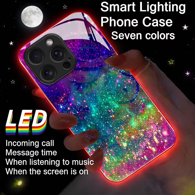TEMU Phone Case: Unicorn Led Light- Case Smart Voice Control 7-, Printed Glass Phone Case Anti-fall For Iphone 17 Pro Max/16/15/14/13/12/11, Redmi