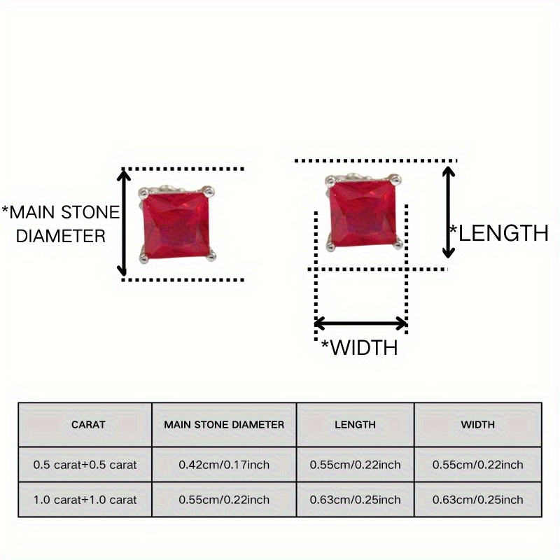Unique 925 Silver Square Synthetic Red Gemstone Earrings