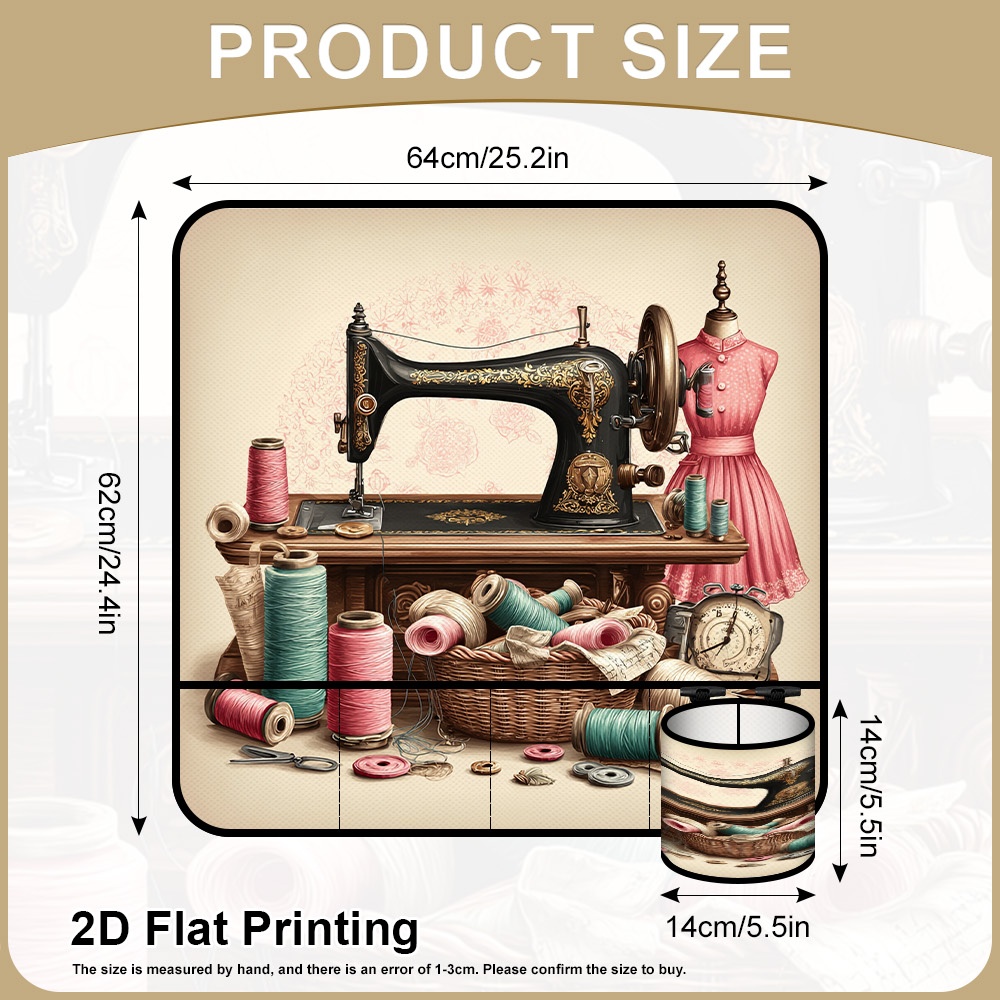 TEMU Tapis 2D plat pour machine à coudre domestique (avec petit tube) avec impression de machine à coudre et de fil vintage, tapis -poussière avec