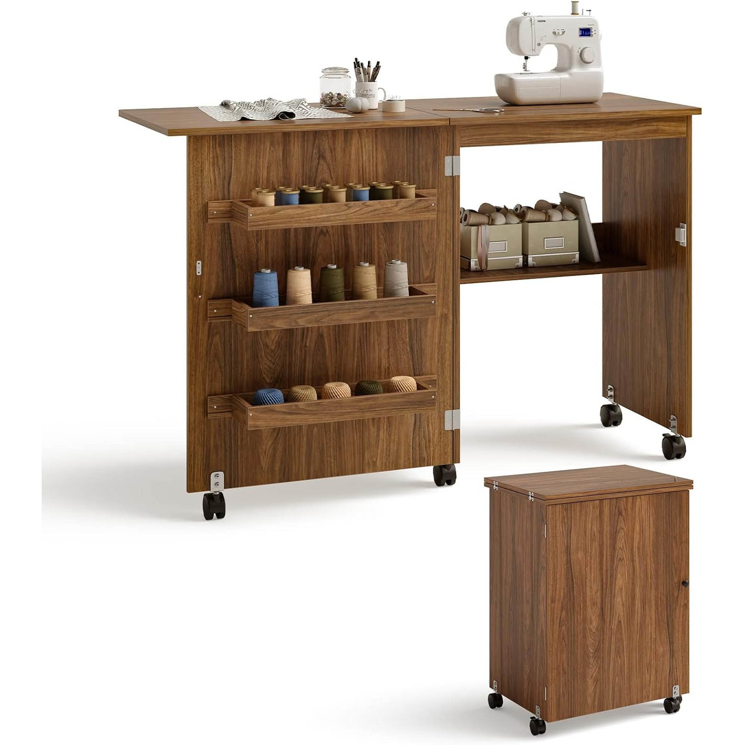 Image of Folding Sewing Table, Rolling Craft Station & Side Desk With Shelf, Storage Bins, Wheels & Magnetic Door, Multipurpose Crafting Desk For Home Office, Study, Brown