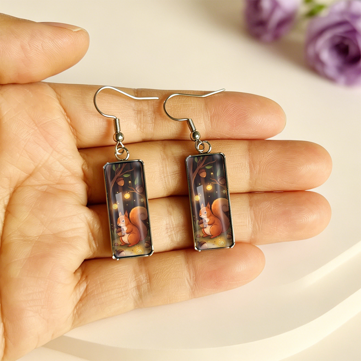 Autumn Night Forest Squirrel Acorn Firefly Cartoon Earrings, Unisex