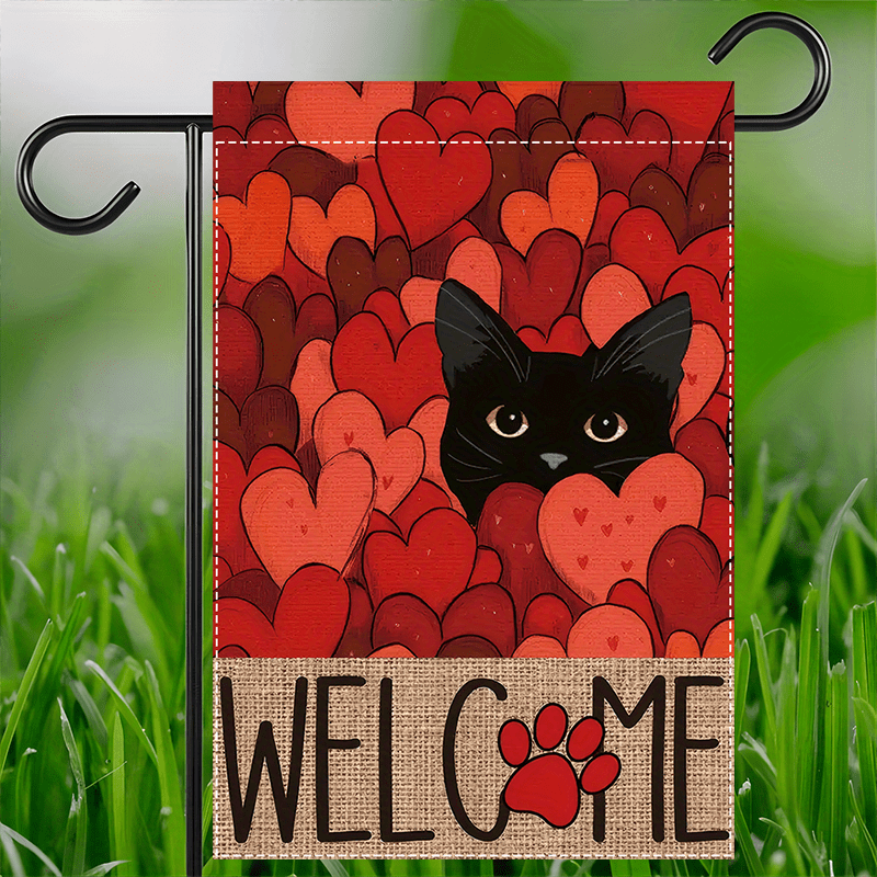 

1pc Black Cat & Flag - Double-sided Polyester, Waterproof Burlap, Valentine's Day & Spring Decor, 12x18inch, No Flagpole Needed, Cat Garden Flag