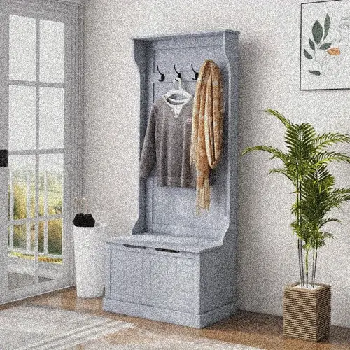 28 3 in 1 entryway hall tree with storage bench coat rack with four hooks and shoe storage gray