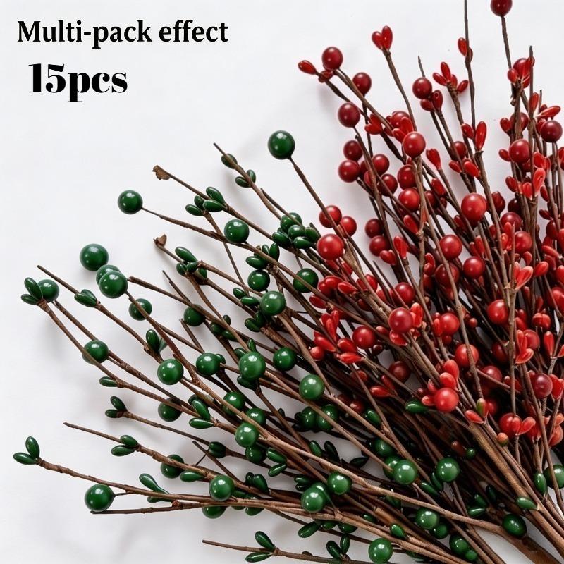 TEMU 15pcs Christmas Thanksgiving Artificial Green And Red Solid Berry Flower Stems, Autumn Winter Christmas Artificial Flower Decor, Hand-twisted