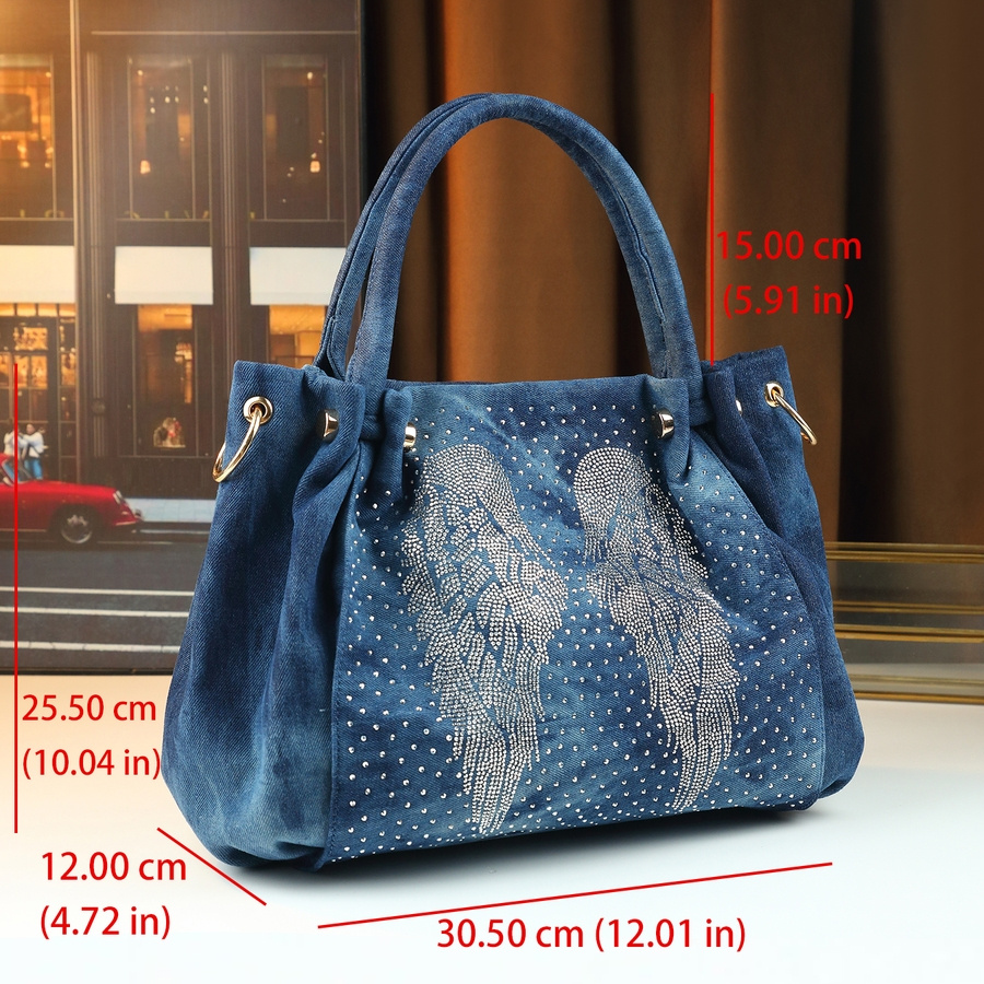 Blue Denim Tote Bag with Rhinestone Angel Wings Design