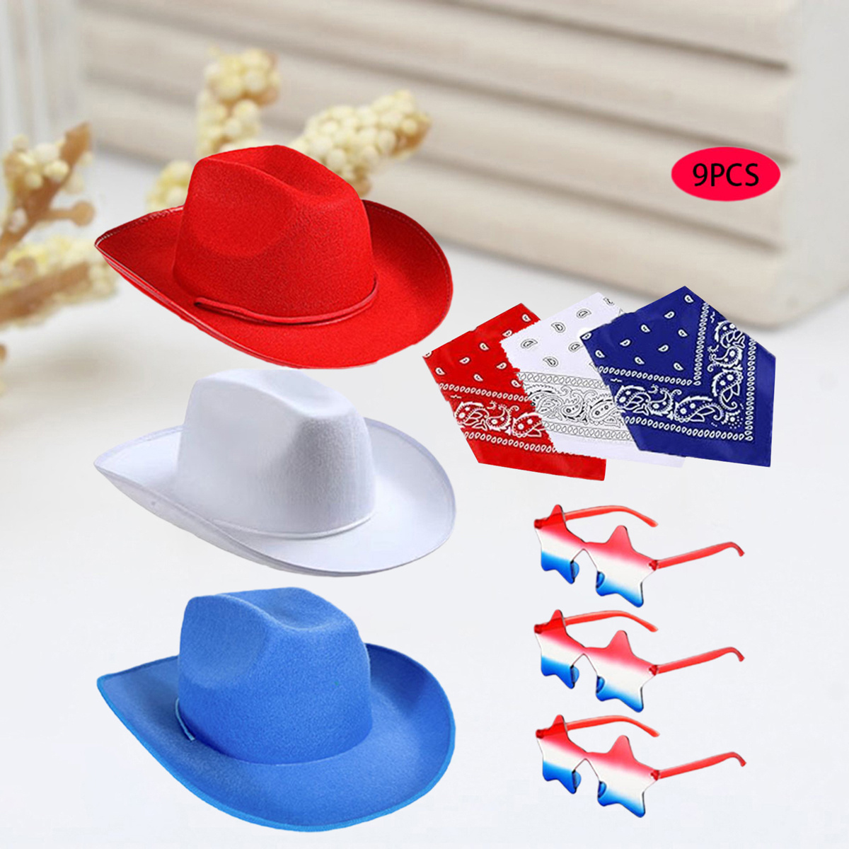 Cowboy Hat with Bandanas & Sunglasses Party Set of 9 Pcs Western Cowgirl Cowgirl Hat or Cowboy Hat And Bandana Heart Sunglasses Set  main image 4