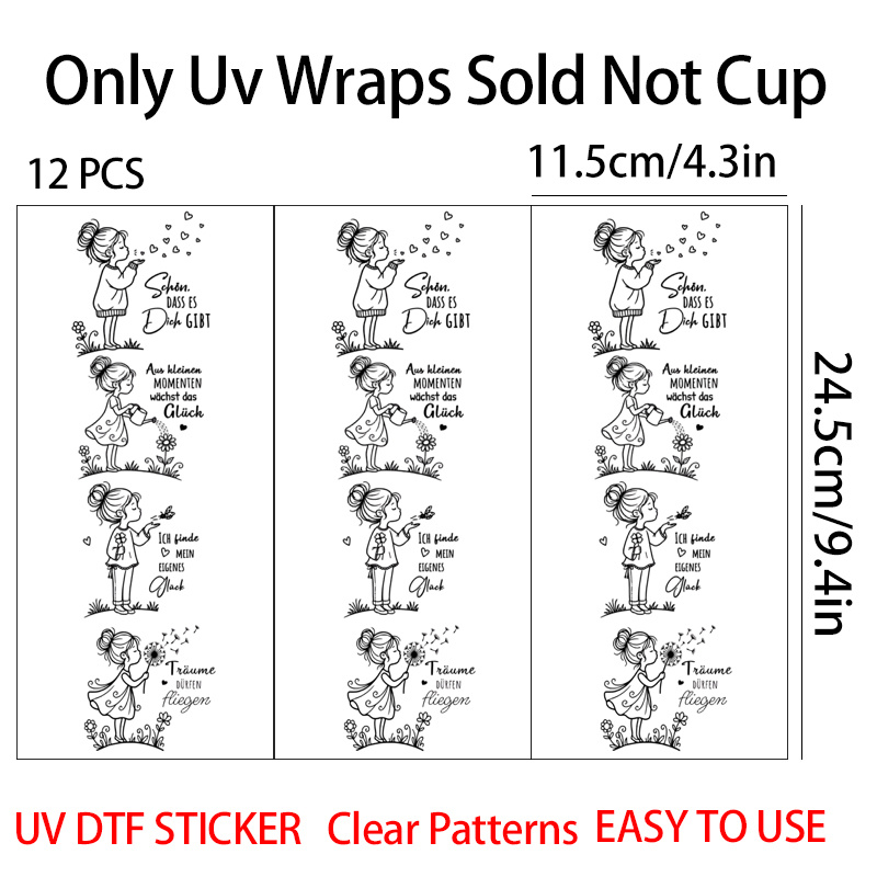 TEMU 12pcs Little Girl Blowing Dandelions And German Inspirational Life Quotes Theme Uv Transfer Stickers - Suitable For Crafts, Cups, And Water
