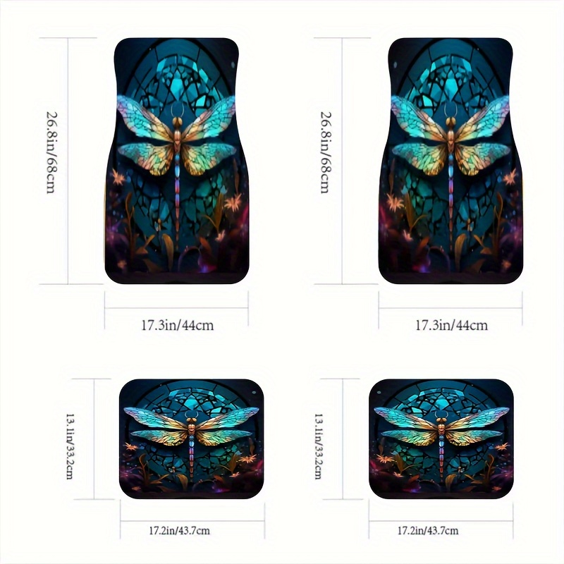 TEMU 4pcs Set Of Dragonfly Pattern Printed Car Foot Mats - Universal Front And Rear Full Coverage Interior Decor Additions, Suitable For Sedans, ,