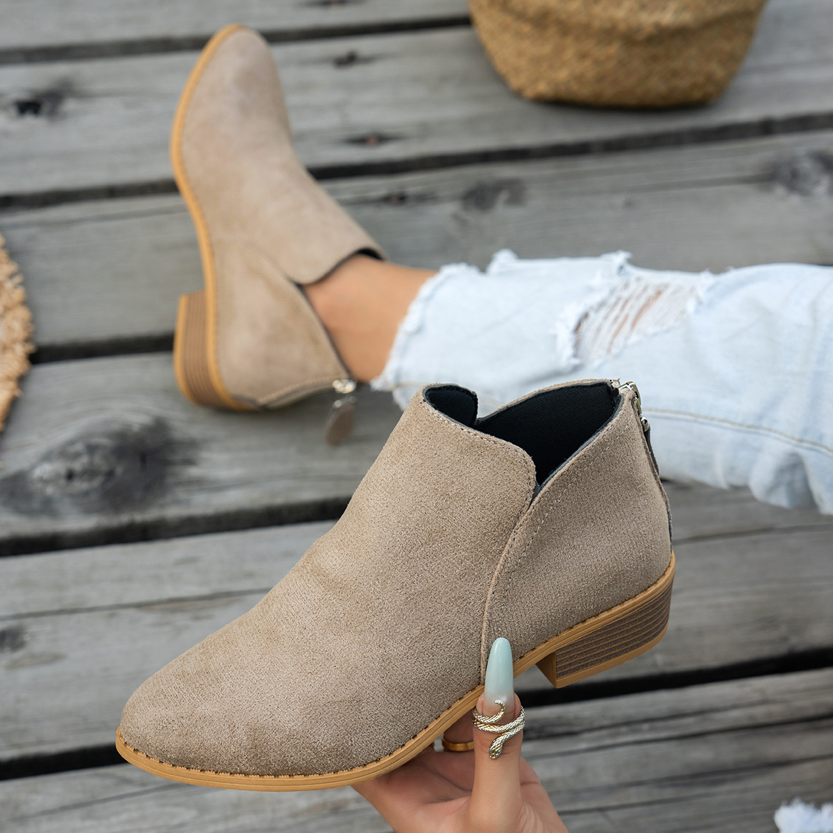 TEMU Autumn Winter New Women's Chelsea Short Boots Round Toe Low Heel Thick Heel Back Zipper Ankle Boots Western Trade Casual Women's Boots Versatile